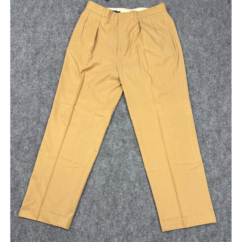 Polo Ralph Lauren Mens 33x30 Silk Cotton Pleated Khaki Trousers Tan Cuffed Pants